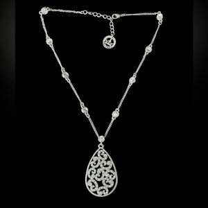 Crown Trifari Teardrop Rhinestone and Crystal Pendant Silver Toned Necklace